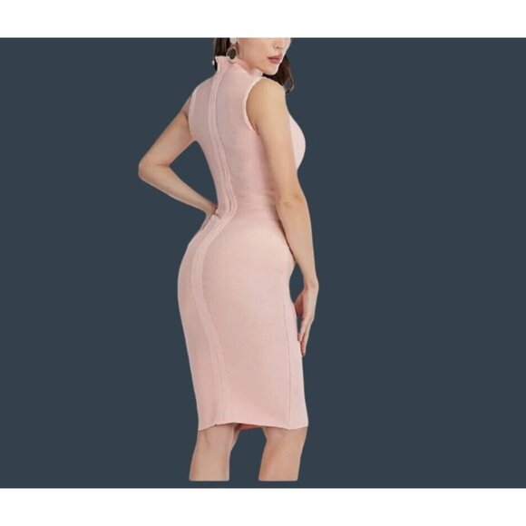 HIGH NECK WOMEN'S BACK ZIPPER CLOSURE MIDI BODYCONTOUR DRESS SIZE LARGE - Picture 2 of 8